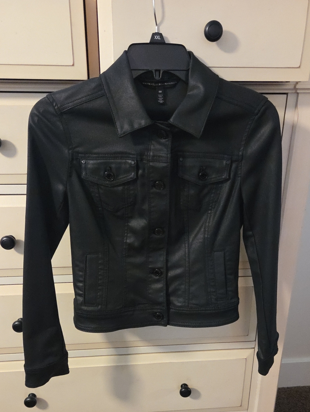 White House Black Market Black Coated Denim Button-Front Jacket